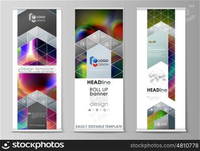 Set of roll up banner stands, flat design templates, abstract geometric style, modern business concept, corporate vertical vector flyers, flag banner layouts. Colorful design background with abstract shapes, bright cell backdrop.