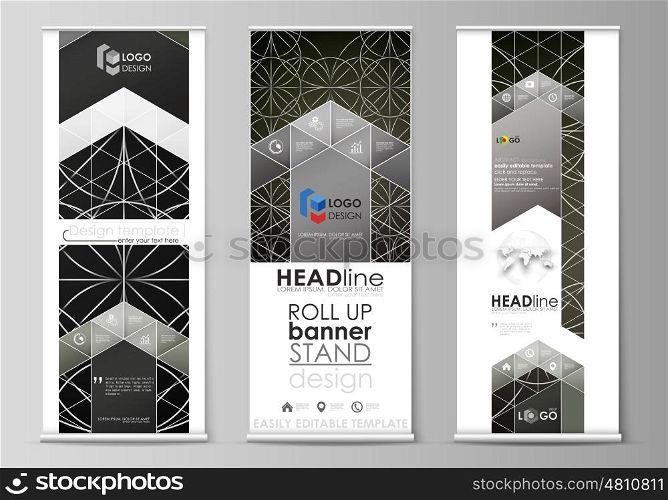 Set of roll up banner stands, flat design templates, abstract geometric style, modern business concept, corporate vertical vector flyers, flag layouts. Celtic pattern. Abstract ornament, geometric vintage texture, medieval classic ethnic style.