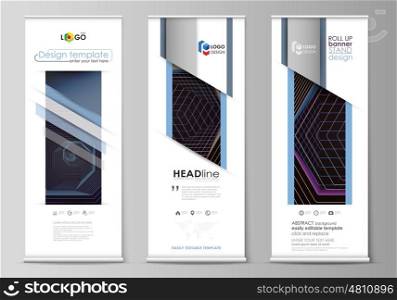Set of roll up banner stands, flat design templates, abstract geometric style, modern business concept, corporate vertical vector flyers, flag layouts. Abstract polygonal background with hexagons, illusion of depth and perspective. Black color geometric design, hexagonal geometry.