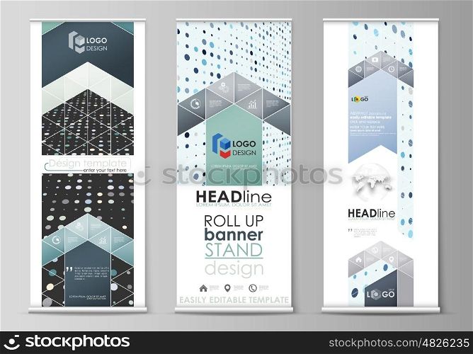 Set of roll up banner stands, flat design templates, abstract geometric style, modern business concept, corporate vertical vector flyers, flag layouts. Abstract soft color dots with illusion of depth and perspective, dotted technology background. Multicolored particles, modern pattern, elegant texture, vector design.