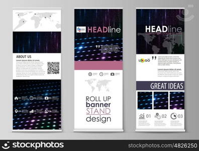 Set of roll up banner stands, flat design templates, abstract geometric style, modern business concept, corporate vertical vector flyers, flag layouts. Abstract colorful neon dots, dotted technology background. Glowing particles, led light pattern, futuristic texture, digital vector design.