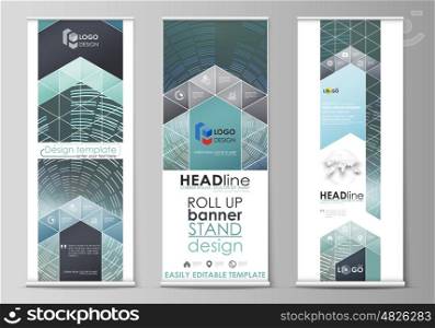Set of roll up banner stands, flat design templates, abstract geometric style, modern business concept, corporate vertical vector flyers, flag layouts. Technology background in geometric style made from circles.