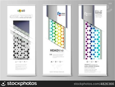 Set of roll up banner stands, flat design templates, abstract geometric style, modern business concept, corporate vertical vector flyers, flag layouts. Chemistry pattern, hexagonal design molecule structure, scientific, medical DNA research. Geometric colorful background.