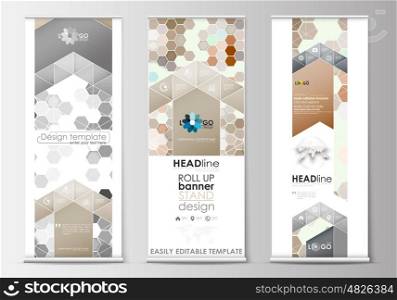 Set of roll up banner stands, flat design templates, abstract geometric style, modern business concept, corporate vertical vector flyers, flag banner layouts. Abstract gray color background, modern stylish hexagonal vector texture.