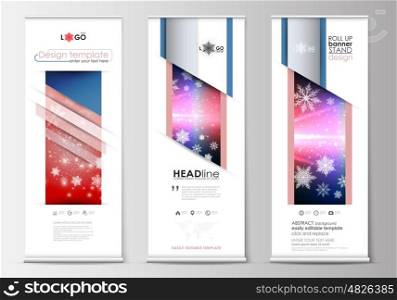 Set of roll up banner stands, flat design templates, abstract geometric style, modern business concept, corporate vertical vector flyers, flag banner layouts. Christmas decoration, vector background with shiny snowflakes.