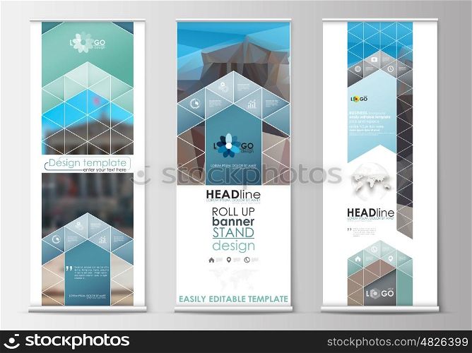 Set of roll up banner stands, flat design templates, abstract geometric style, modern business concept, corporate vertical vector flyers, flag banner layouts. Abstract background, blurred image, urban landscape, modern stylish vector.