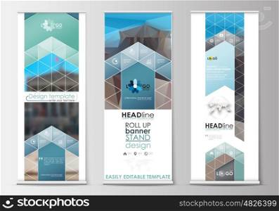 Set of roll up banner stands, flat design templates, abstract geometric style, modern business concept, corporate vertical vector flyers, flag banner layouts. Abstract background, blurred image, urban landscape, modern stylish vector.