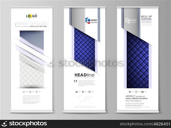 Set of roll up banner stands, flat design templates, abstract geometric style, modern business concept, corporate vertical vector flyers, flag layouts. Shiny fabric, rippled texture, white and blue color silk, colorful vintage style background.