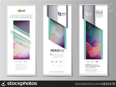 Set of roll up banner stands, flat design templates, abstract geometric style, modern business concept, corporate vertical vector flyers, flag banner layouts. Bright color pattern, colorful design with overlapping shapes forming abstract beautiful background.