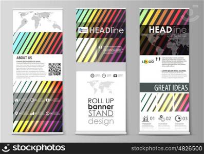 Set of roll up banner stands, flat design templates, abstract geometric style, modern business concept, corporate vertical vector flyers, flag banner layouts. Bright color rectangles, colorful design, geometric rectangular shapes forming abstract beautiful background