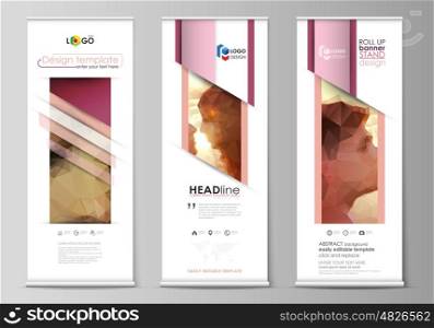 Set of roll up banner stands, flat design templates, abstract geometric style, modern business concept, corporate vertical vector flyers, flag layouts. Romantic couple kissing. Beautiful background. Geometrical pattern in triangular style.