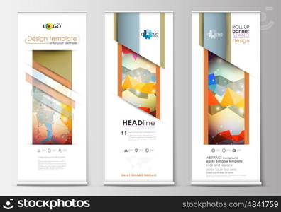 Set of roll up banner stands, flat design templates, abstract geometric style, modern business concept, corporate vertical vector flyers, flag banner layouts. Abstract colorful triangle design vector background with polygonal molecules.