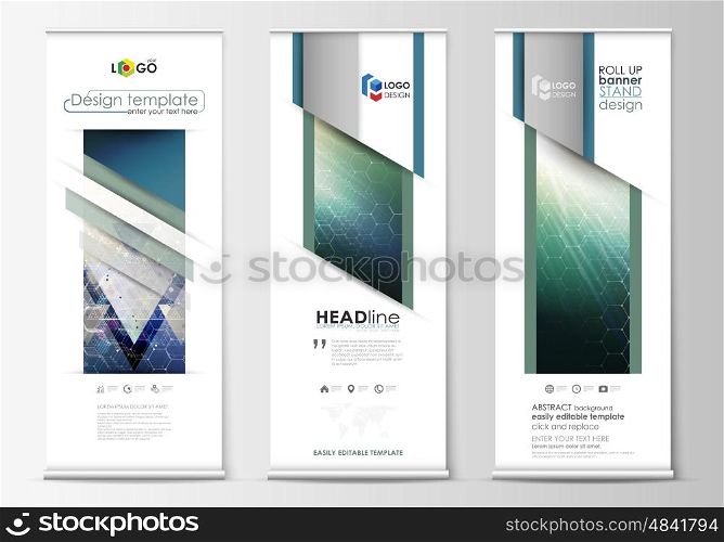 Set of roll up banner stands, flat design templates, abstract geometric style, modern business concept, corporate vertical vector flyers, flag banner layouts. Chemistry pattern, hexagonal molecule structure. Medicine, science, technology concept.
