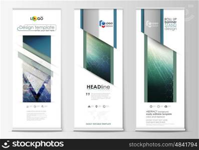 Set of roll up banner stands, flat design templates, abstract geometric style, modern business concept, corporate vertical vector flyers, flag banner layouts. Chemistry pattern, hexagonal molecule structure. Medicine, science, technology concept.