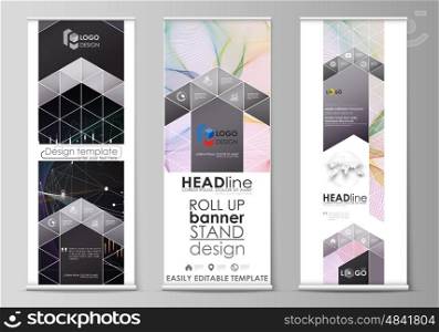 Set of roll up banner stands, flat design templates, abstract geometric style, modern business concept, corporate vertical vector flyers, flag layouts. Colorful abstract infographic background in minimalist style made from lines, symbols, charts, diagrams and other elements.