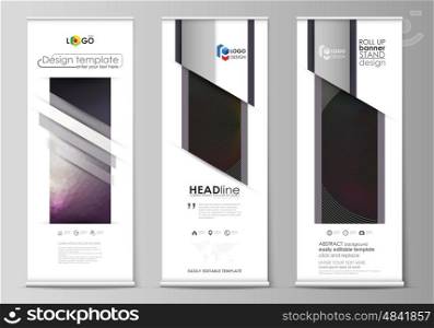 Set of roll up banner stands, flat design templates, abstract geometric style, modern business concept, corporate vertical vector flyers, flag layouts. Dark color triangles and colorful circles. Abstract polygonal style modern background.