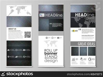 Set of roll up banner stands, flat design templates, abstract geometric style, modern business concept, corporate vertical vector flyers, flag layouts. Colorful dark background with abstract lines. Bright color chaotic, random, messy curves. Colourful vector decoration.