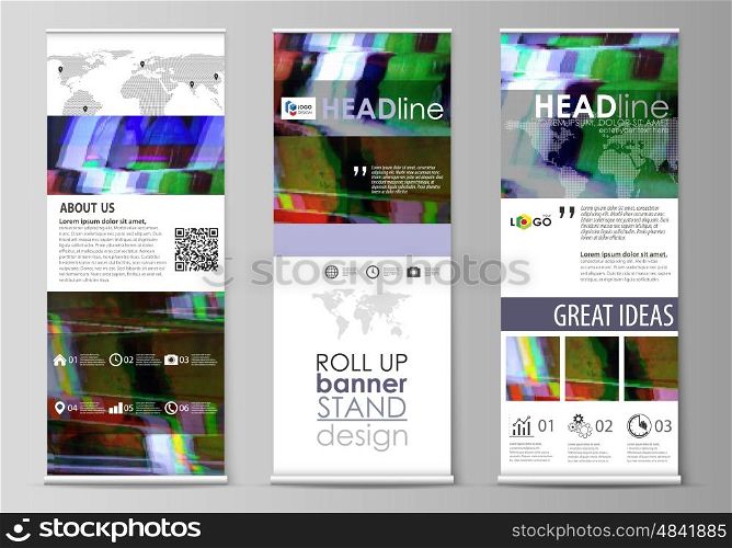 Set of roll up banner stands, flat design templates, abstract geometric style, modern business concept, corporate vertical vector flyers, flag layouts. Glitched background made of colorful pixel mosaic. Digital decay, signal error, television fail.