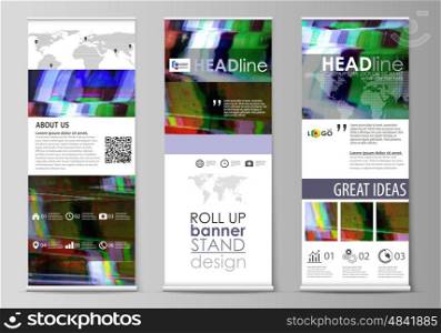 Set of roll up banner stands, flat design templates, abstract geometric style, modern business concept, corporate vertical vector flyers, flag layouts. Glitched background made of colorful pixel mosaic. Digital decay, signal error, television fail.