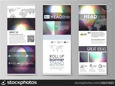 Set of roll up banner stands, flat design templates, abstract geometric style, modern business concept, corporate vertical vector flyers, flag layouts. Retro style, mystical Sci-Fi background. Futuristic trendy design.