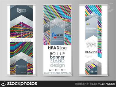 Set of roll up banner stands, flat design templates, abstract geometric style, modern business concept, corporate vertical vector flyers, flag layouts. Bright color lines, colorful style with geometric shapes forming beautiful minimalist background.