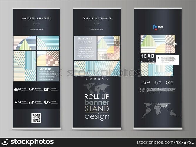 Set of roll up banner stands, flat design templates, abstract geometric style, modern business concept, corporate vertical vector flyers, flag layouts. Minimalistic design with lines, geometric shapes forming beautiful background.