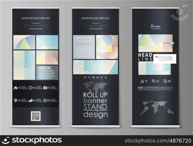 Set of roll up banner stands, flat design templates, abstract geometric style, modern business concept, corporate vertical vector flyers, flag layouts. Minimalistic design with lines, geometric shapes forming beautiful background.