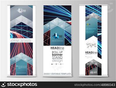 Set of roll up banner stands, flat design templates, abstract geometric style, modern business concept, corporate vertical vector flyers, flag banner layouts. Abstract lines background with color glowing neon streams, motion design vector.