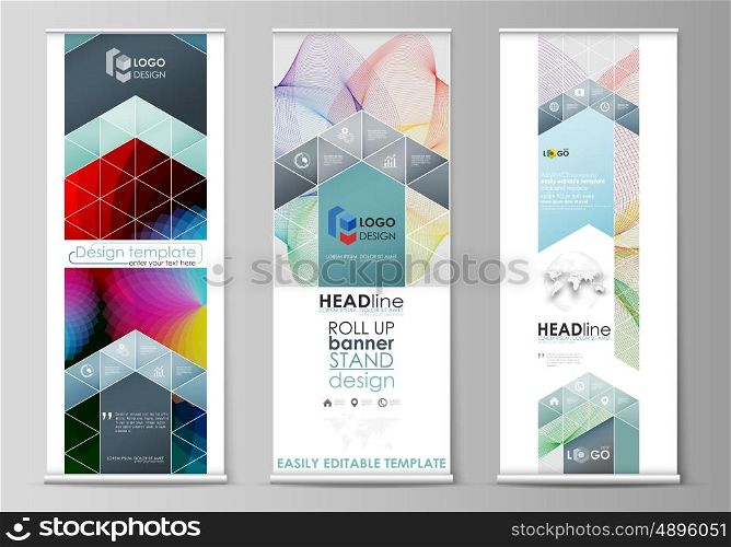 Set of roll up banner stands, flat design templates, abstract geometric style, modern business concept, corporate vertical vector flyers, flag banner layouts. Colorful design with overlapping geometric shapes and waves forming abstract beautiful background.