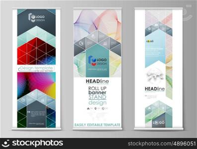 Set of roll up banner stands, flat design templates, abstract geometric style, modern business concept, corporate vertical vector flyers, flag banner layouts. Colorful design with overlapping geometric shapes and waves forming abstract beautiful background.