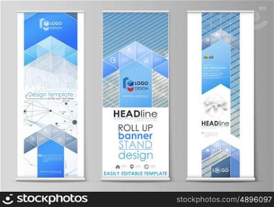 Set of roll up banner stands, flat design templates, abstract geometric style, modern business concept, corporate vertical vector flyers, flag layouts. Blue color abstract infographic background in minimalist style made from lines, symbols, charts, diagrams and other elements.