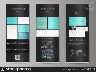 Set of roll up banner stands, flat design templates, abstract geometric style, modern business concept, corporate vertical vector flyers, flag layouts. Chemistry pattern, hexagonal molecule structure on blue. Medicine, science and technology concept.