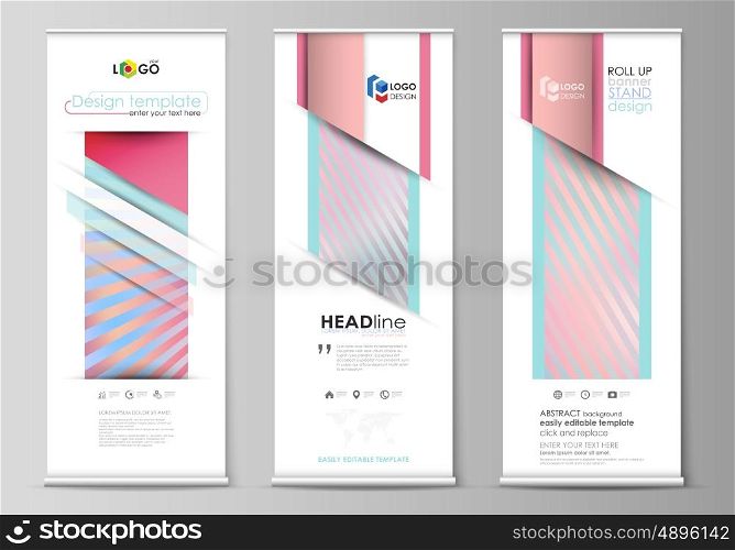 Set of roll up banner stands, flat design templates, abstract geometric style, modern business concept, corporate vertical vector flyers, flag layouts. Sweet pink and blue decoration, pretty romantic design, cute candy background.