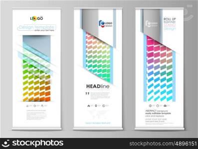 Set of roll up banner stands, flat design templates, abstract geometric style, modern business concept, corporate vertical vector flyers, flag layouts. Colorful rectangles, moving dynamic shapes forming abstract polygonal style background.