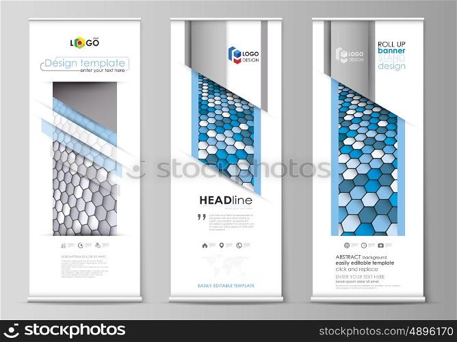 Set of roll up banner stands, flat design templates, abstract geometric style, modern business concept, corporate vertical vector flyers, flag layouts. Blue and gray color hexagons in perspective. Abstract polygonal style modern background.