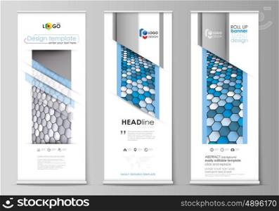 Set of roll up banner stands, flat design templates, abstract geometric style, modern business concept, corporate vertical vector flyers, flag layouts. Blue and gray color hexagons in perspective. Abstract polygonal style modern background.