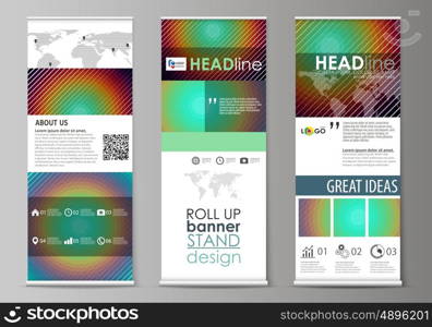 Set of roll up banner stands, flat design templates, abstract geometric style, modern business concept, corporate vertical vector flyers, flag layouts. Minimalistic design with circles, diagonal lines. Geometric shapes forming beautiful retro background.