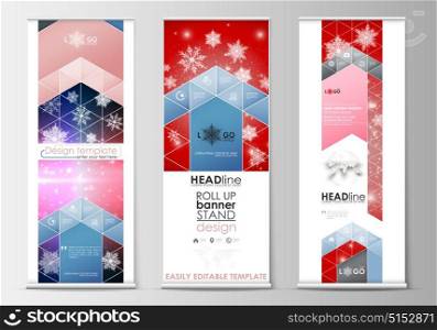 Set of roll up banner stands, flat design templates, abstract geometric style, modern business concept, corporate vertical flyers. Christmas decoration, vector background with shiny snowflakes.. Set of roll up banner stands, flat design templates, abstract geometric style, modern business concept, corporate vertical vector flyers, flag banner layouts. Christmas decoration, vector background with shiny snowflakes.