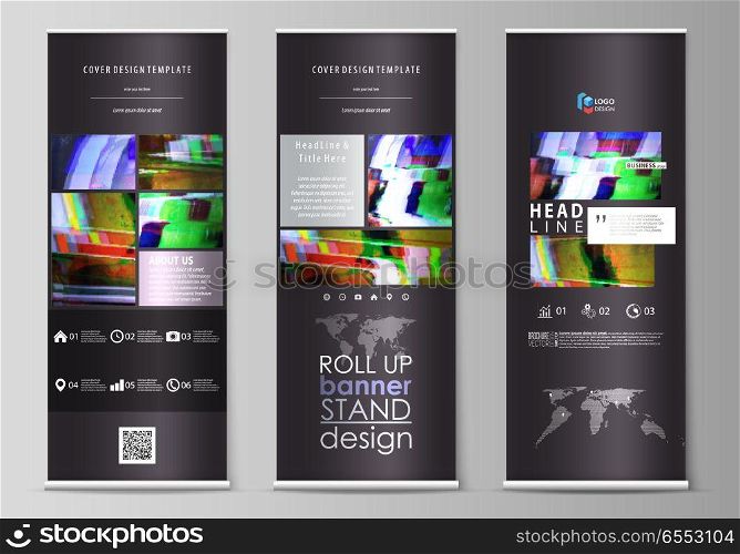 Set of roll up banner stands, flat design templates, abstract geometric style, modern business concept, corporate vertical vector flyers, flag layouts. Glitched background made of colorful pixel mosaic. Digital decay, signal error, television fail.. Roll up banner stands, flat design templates, abstract style, vertical vector flyers, flag layouts. Glitched background made of colorful pixel mosaic. Digital decay, signal error, television fail.