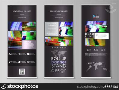 Set of roll up banner stands, flat design templates, abstract geometric style, modern business concept, corporate vertical vector flyers, flag layouts. Glitched background made of colorful pixel mosaic. Digital decay, signal error, television fail.. Roll up banner stands, flat design templates, abstract style, vertical vector flyers, flag layouts. Glitched background made of colorful pixel mosaic. Digital decay, signal error, television fail.