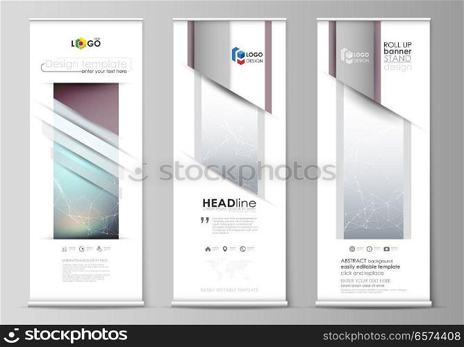 Set of roll up banner stands, flat design templates, abstract geometric style, modern business concept, corporate vertical vector flyers, flag layouts. Compounds lines and dots. Big data visualization in minimal style. Graphic communication background.. Roll up banner stands, abstract geometric design templates, vertical vector flyers, flag layouts. Compounds lines and dots. Big data visualization in minimal style. Graphic communication background.