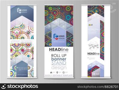 Set of roll up banner stands, flat design templates, abstract geometric style, modern business concept, corporate vertical vector flyers, flag layouts. Bright color background in minimalist style made from colorful circles.. Roll up banner stands, flat design templates, abstract geometric business concept, corporate vertical vector flyers, flag layouts. Bright color background in minimalist style made from colorful circles.