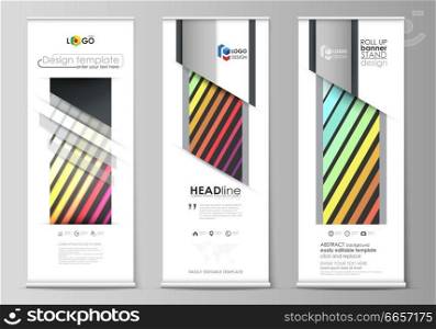 Set of roll up banner stands, flat design templates, abstract geometric style, modern business concept, corporate vertical vector flyers, flag banner layouts. Bright color rectangles, colorful design, geometric rectangular shapes forming abstract beautiful background. Roll up banner stands, geometric style templates, corporate vertical vector flyers, flag layouts. Bright color rectangles, colorful design, rectangular shapes forming abstract beautiful background