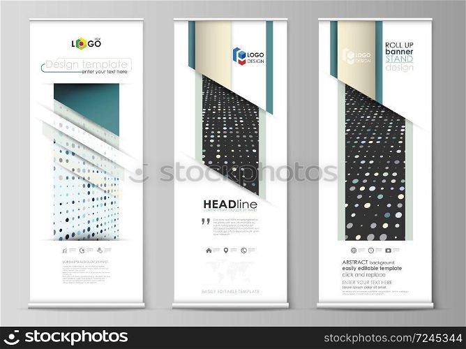 Set of roll up banner stands, flat design templates, abstract geometric style, modern business concept, corporate vertical vector flyers, flag layouts. Abstract soft color dots with illusion of depth and perspective, dotted technology background. Multicolored particles, modern pattern, elegant texture, vector design.. Roll up banner stands, flat templates, abstract geometric style, corporate vertical flyers, flag layouts. Soft color dots, illusion of depth and perspective, dotted background. Elegant vector design.