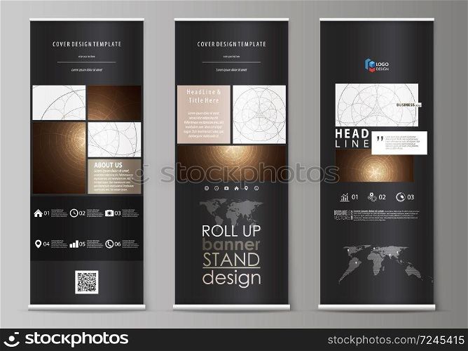Set of roll up banner stands, flat design templates, abstract geometric style, modern business concept, corporate vertical vector flyers, flag layouts. Alchemical theme. Fractal art background. Sacred geometry. Mysterious relaxation pattern.. Roll up banner stands, flat design templates, abstract geometric style, corporate vertical vector flyers, flag layouts. Alchemical theme. Fractal art background. Sacred geometry. Mysterious pattern.