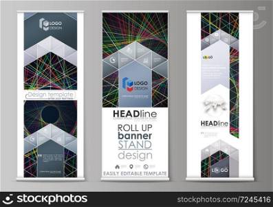 Set of roll up banner stands, flat design templates, abstract geometric style, modern business concept, corporate vertical vector flyers, flag layouts. Bright color lines, colorful beautiful background. Perfect decoration.. Set of roll up banner stands, flat design templates, abstract geometric style, corporate vertical vector flyers, flag layouts. Bright color lines, colorful beautiful background. Perfect decoration.