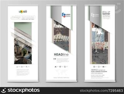 Set of roll up banner stands, flat design templates, abstract geometric style, modern business concept, corporate vertical vector flyers, flag layouts. Colorful background made of dotted texture for travel business, urban cityscape.. Set of roll up banner stands, flat design templates, abstract geometric style, vertical vector flyers, flag layouts. Colorful background made of dotted texture for travel business, urban cityscape.
