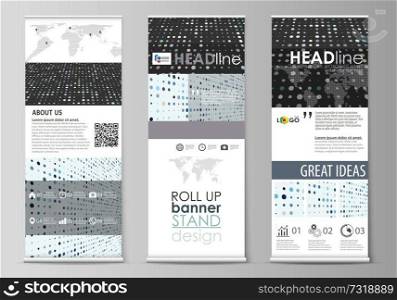 Set of roll up banner stands, flat design templates, abstract geometric style, modern business concept, corporate vertical vector flyers, flag layouts. Abstract soft color dots with illusion of depth and perspective, dotted technology background. Multicolored particles, modern pattern, elegant texture, vector design.. Roll up banner stands, flat templates, abstract geometric style, corporate vertical flyers, flag layouts. Soft color dots, illusion of depth and perspective, dotted background. Elegant vector design.