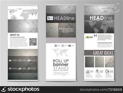 Set of roll up banner stands, flat design templates, abstract geometric style, modern business concept, corporate vertical vector flyers, flag layouts. Chemistry pattern, molecule structure on gray background. Science and technology concept.. Roll up banner stands, flat design templates, geometric style, corporate vertical vector flyers, flag layouts. Chemistry pattern, molecule structure on gray background. Science and technology concept.