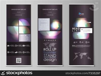 Set of roll up banner stands, flat design templates, abstract geometric style, modern business concept, corporate vertical vector flyers, flag layouts. Retro style, mystical Sci-Fi background. Futuristic trendy design.. Set of roll up banner stands, abstract geometric style templates, business concept, corporate vertical vector flyers, flag layouts. Mystical Sci-Fi background. Futuristic trendy design.